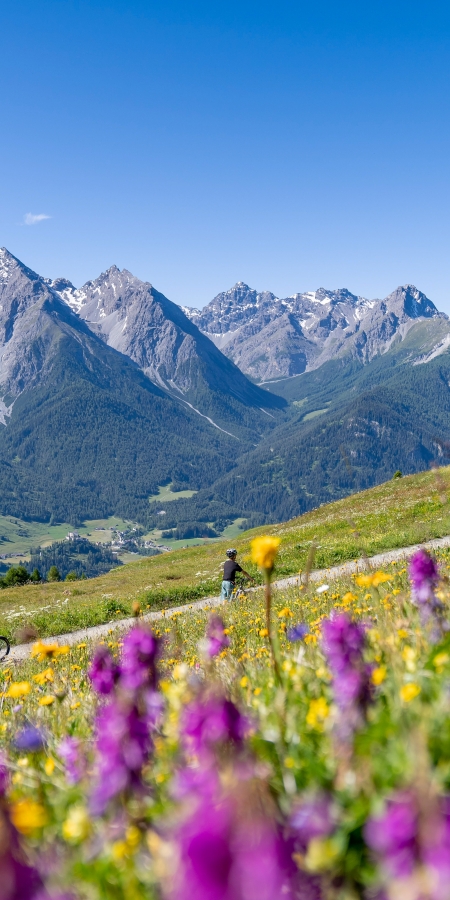 Vacances en famille en Engadine Scuol Zernez : descendre en trottinette dans la vallée. Photo : Dominik Täuber.