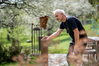 The finished work in his garden.